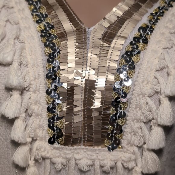 CIAO MILANO Boho Tassel Tunic Shift Dress Flare Sleeve Tassel Metallic Sequin - Picture 6 of 16